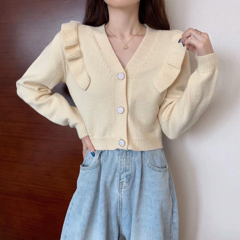 Áo len croptop dài tay cổ chữ V phong cách Hàn Quốc