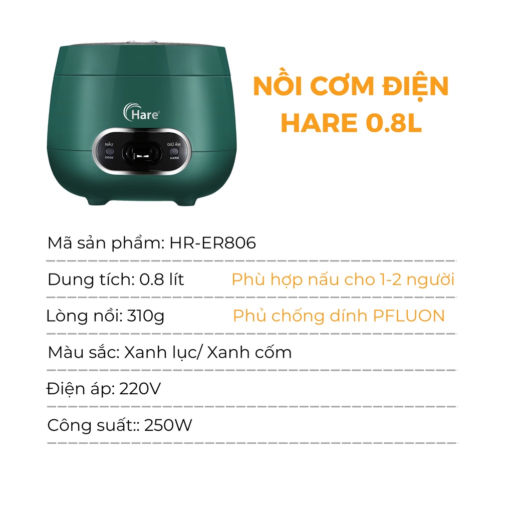 Nồi cơm điện Hare HR-ER806 (0.8L) chống dính PFLUON -hàng chính hãng thương hiệu Hare - Bảo hành 12 tháng