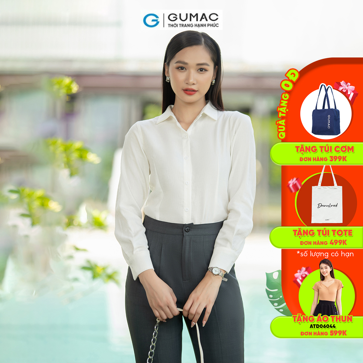 Áo sơ mi nữ slim tay dài vải ánh gân công sở thanh lịch thời trang GUMAC AD07046