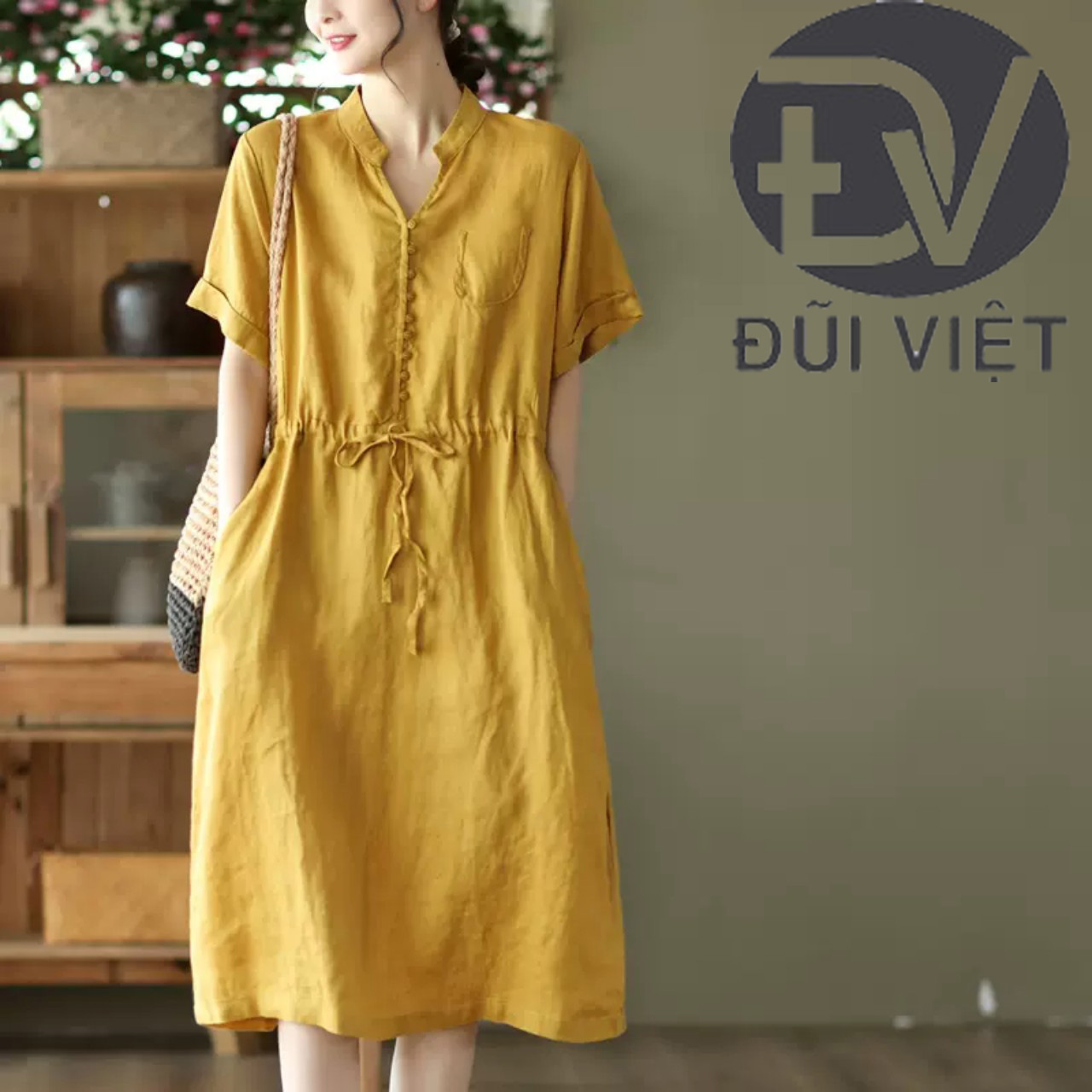 Đầm suông Linen hè nữ ngắn tay, cổ V phối cúc kèm dây thắt eo, chất liệu linen mềm mát Đũi Việt DV171