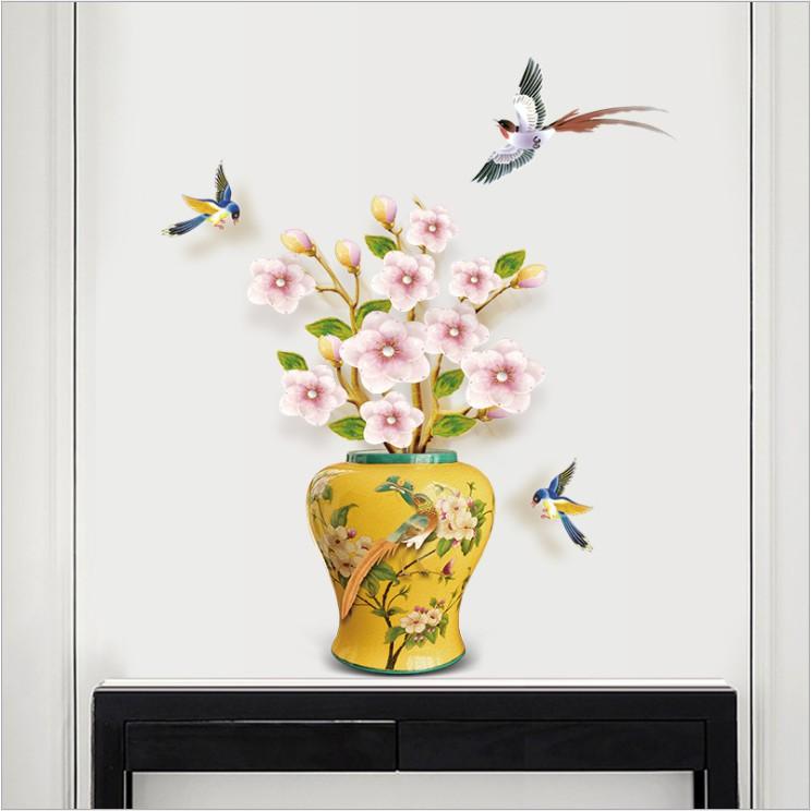 Decal trang trí tường - Chậu hoa vàng Hoa Mai hồng trắng nổi bật