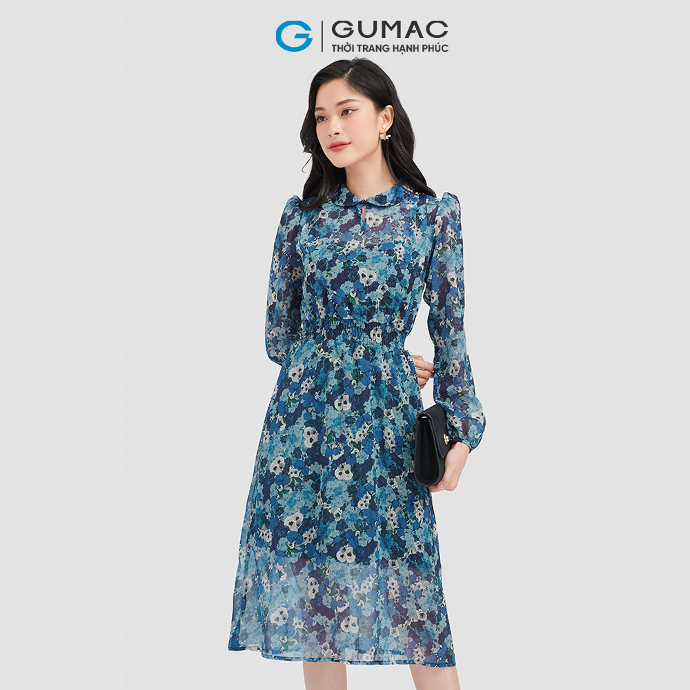 Đầm form A GUMAC LD0906 họa tiết tay dài eo nhún thời thượng