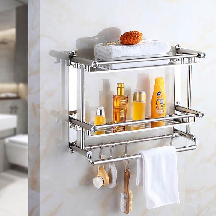 Kệ Dán Tường Nhà Tắm Treo Khăn 3 Tầng Tiện Ích Không Cần Khoan Đục, Giá Inox 304