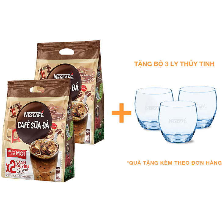 Combo 2 bịch cà phê hòa tan Nescafe 3in1 cà phê sữa đá (Bịch 25 gói x 24g) - [Tặng bộ 3 ly thủy tinh]