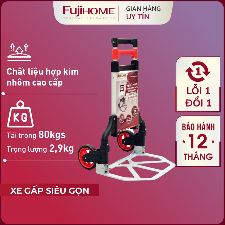 Xe đẩy hàng 2 bánh rút gọn 80kg Nhật Bản Fujihome sàn nhôm, bánh cao su cao cấp không ồn, xe chở đồ kéo hàng gấp gọn đa năng sack trolley