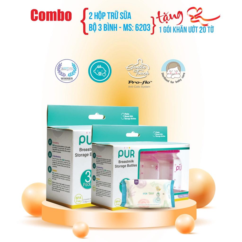 Combo 2 hộp trữ sữa bộ 3 bình MS: 6203, tặng 1 gói khăn ướt lớn Pur 80 tờ