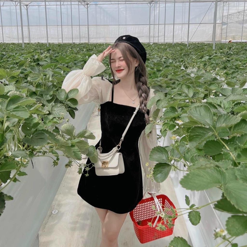Đầm xoè nhung tay dài đính nơ