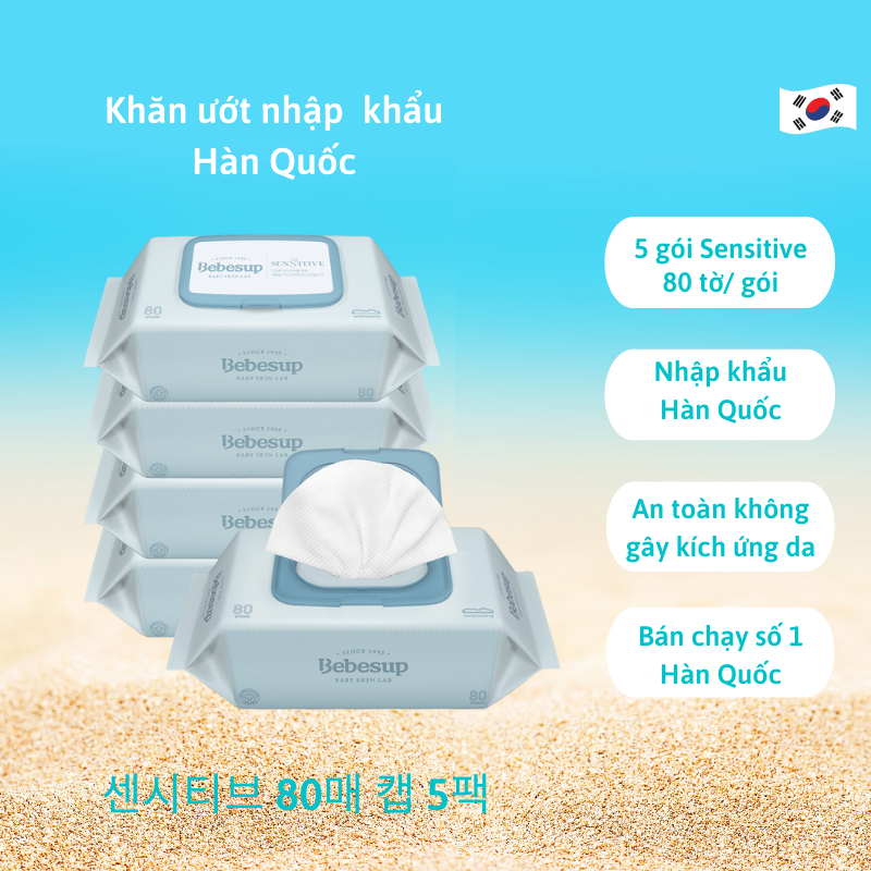 Khăn ướt BEBESUP Combo 5  SENSITIVE 80 tờ/gói nhập khẩu Hàn Quốc