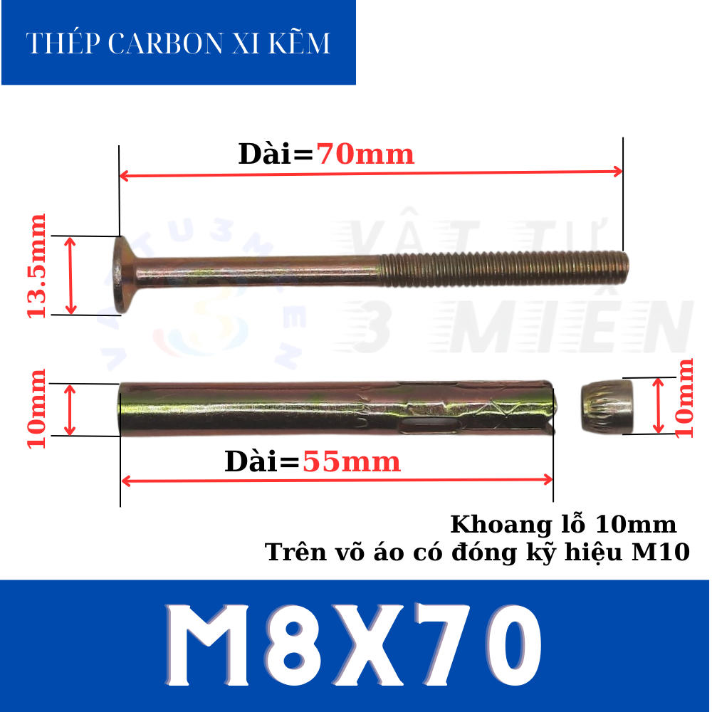Tắc kê nở M8x70 đầu vít ba ke sắt xi kẽm