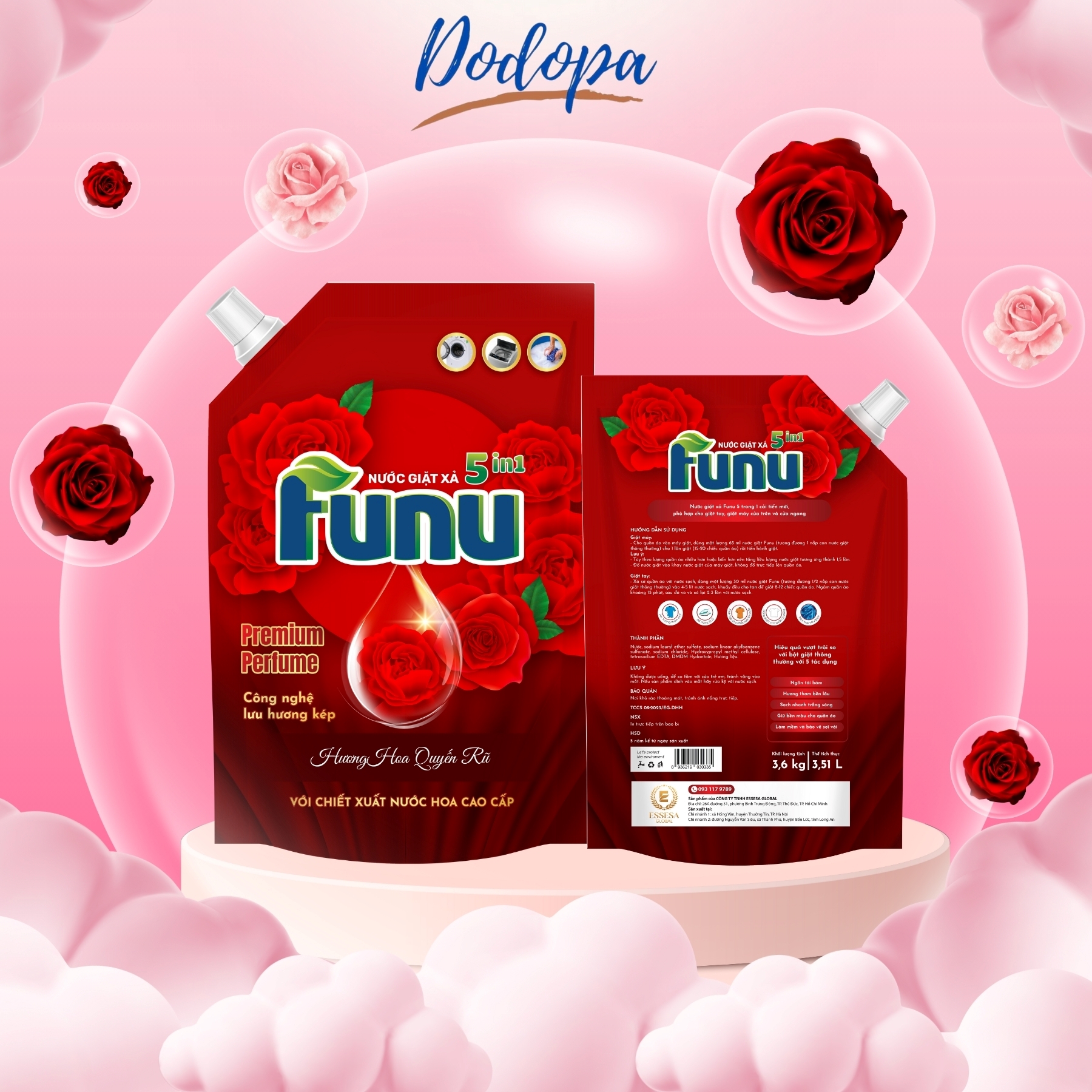 Thùng 4 Túi nước giặt xả FUNU 3.6kg/3.5L hương nước hoa giữ bền màu diệt khuẩn ngăn tái bám dùng cho tất cả các loại máy giặt- Màu đỏ- Hàng chính hãng