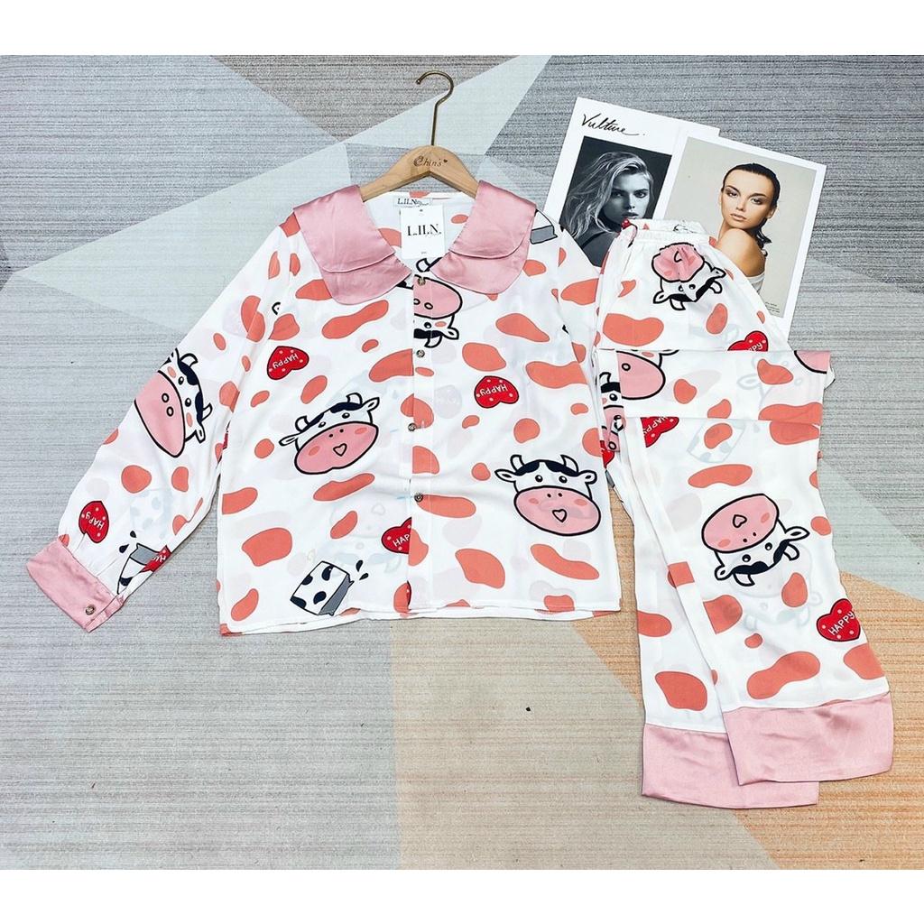 Bộ đồ bầu pijama-Bộ lụa gấm dài tay sau sinh