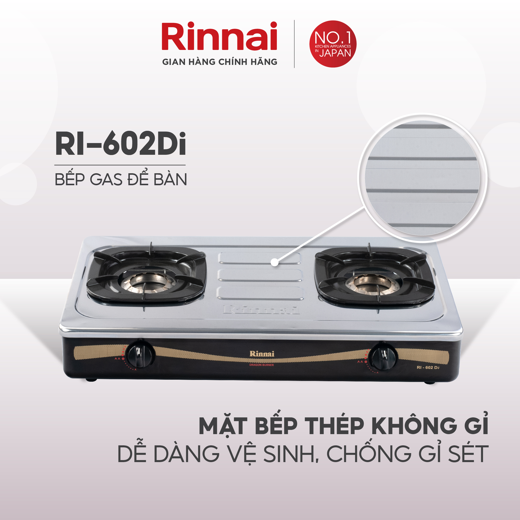 Bếp gas dương Rinnai RI-602Di mặt bếp inox và kiềng bếp men - Hàng chính hãng.