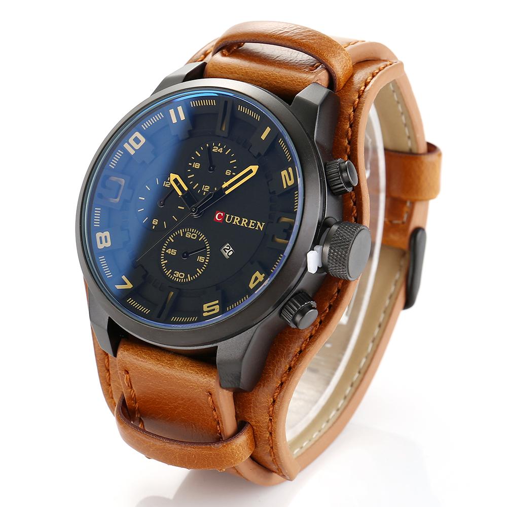 Đồng hồ Lịch thời trang Mặt số lớn Dây da Curren Men Sport Quartz