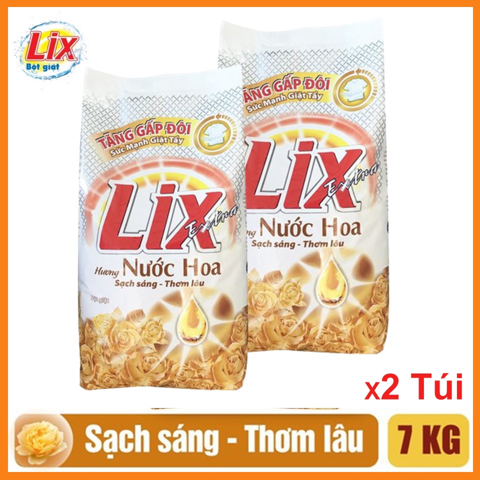 COMBO 2 gói Bột giặt Lix Extra Hương nước hoa (Vàng) tăng gấp đôi sức mạnh giặt tẩy 7kgX2