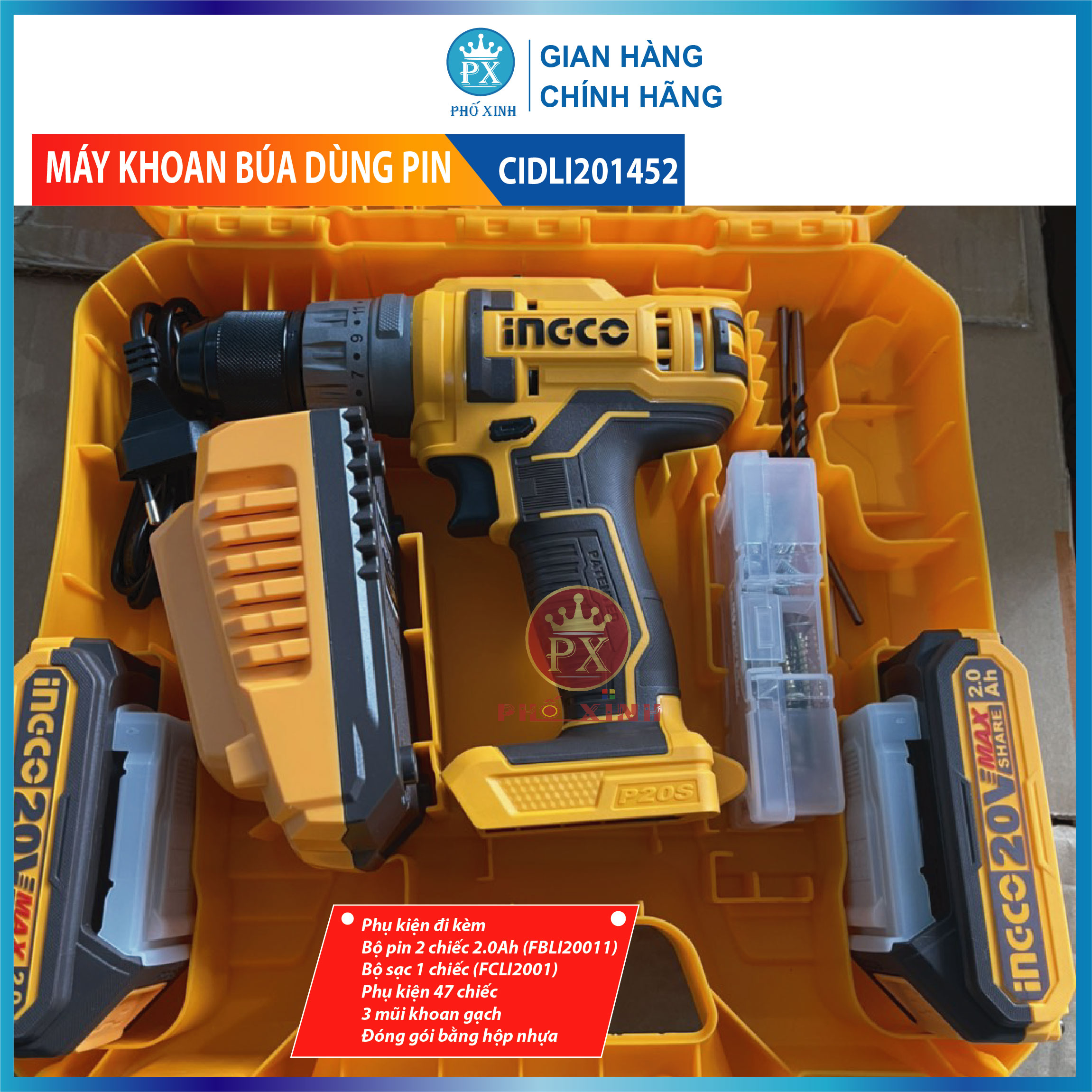 Máy khoan bê tông dùng pin 20V Ingco CIDLI201452 momen 45Nm