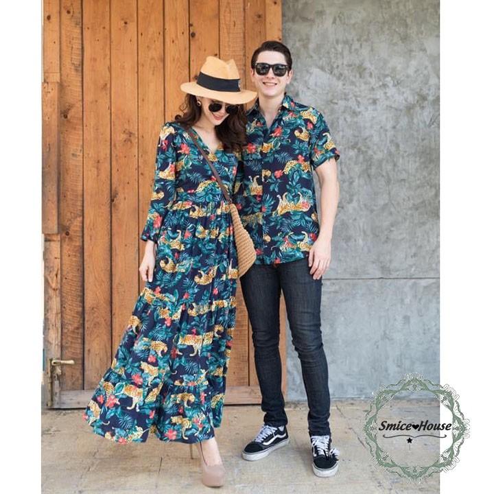 SET ÁO CẶP ĐẦM HOA ĐI BIỂN THỜI TRANG, ĐỒ ĐÔI ÁO SƠ MI ĐẦM MAXI HOA LÁ
