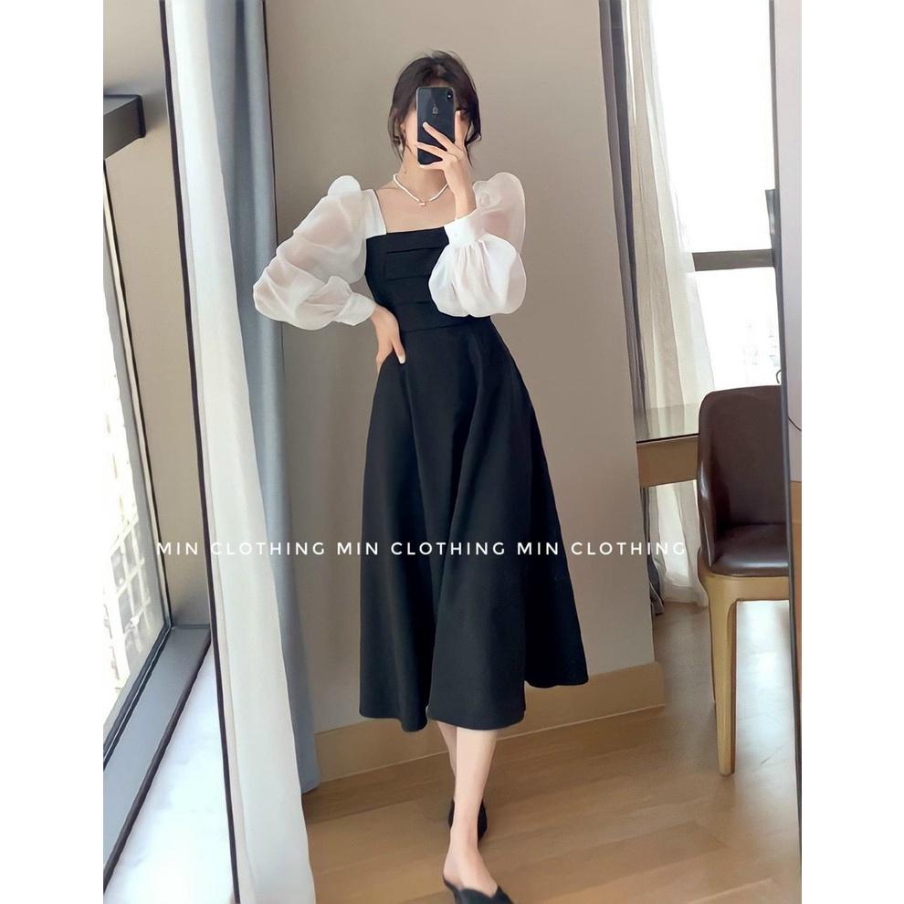 Đầm váy midi cổ vuông dài tay xếp ly ngực thời trang nữ dạo phố, dự tiệc