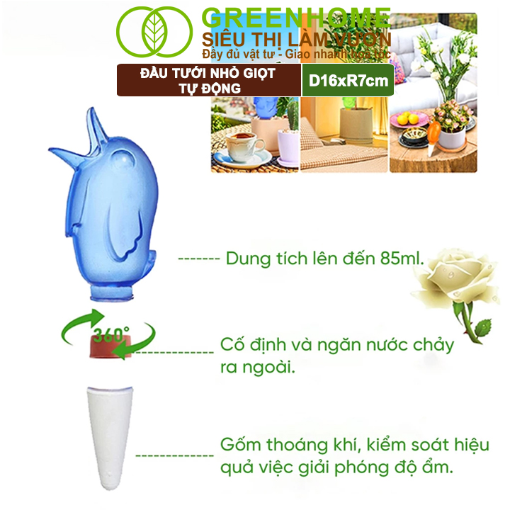 Đầu Tưới Nhỏ Giọt Tự Động GreenHome, D16xR7cm, Hình Con Chim, Tự Tưới Trong Thời Gian Dài, Tiện Dụng