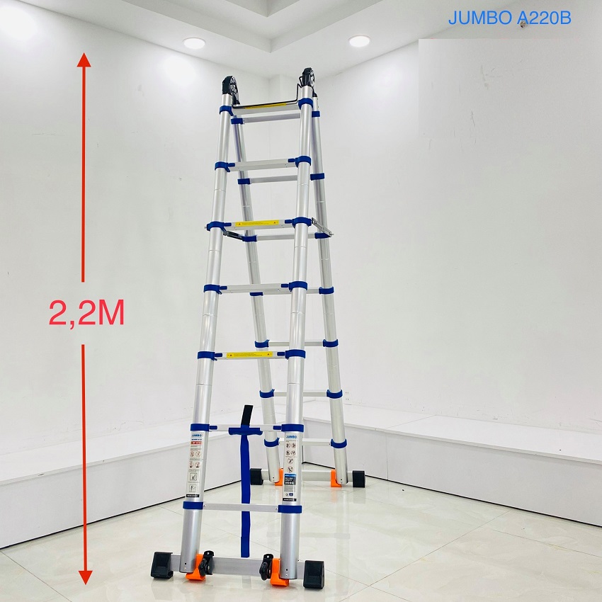 Thang Nhôm Rút Chữ A JUMBO A220B - Đai xanh, chữ A cao 2.2m, chữ I cao 4.4m, tải trọng 300kg  8 đế cao su chống trượt, có bánh xe kéo, khóa chốt cao cấp, bậc thang thiết kế chống trượt, thanh giằng giữa 2 bên thang - Luôn Có Phụ Kiện Thay Thế