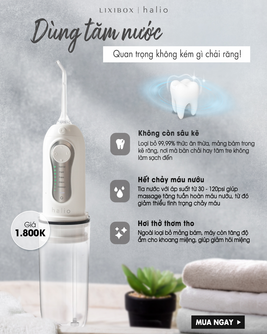 Combo Máy tăm nước cầm tay Cordless Oral Irrigator Và Máy Tẩy Trắng Răng Halio Blue Light Professional Teeth Whitening Enhancer