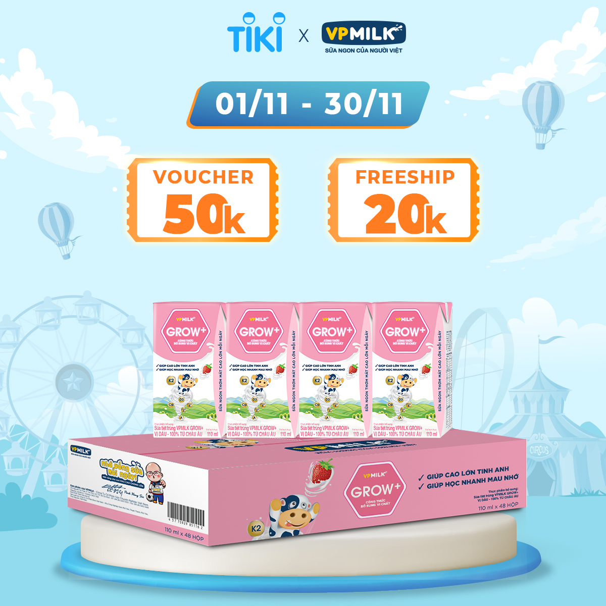 Sữa Tiệt Trùng Có Đường VPMilk Grow+ Vị Dâu Hộp 110ml (Thùng 48 Hộp)