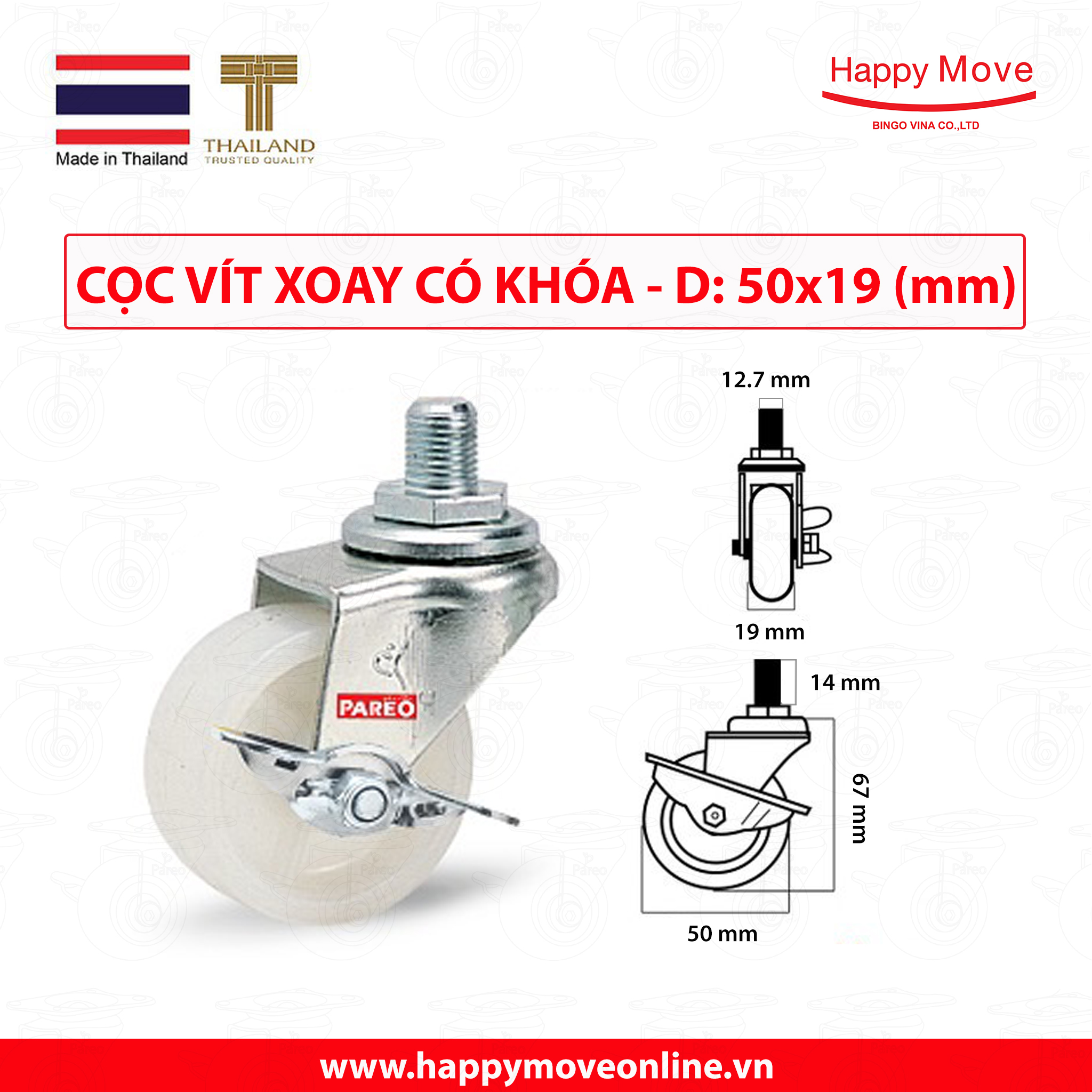 Bánh xe đẩy nylon tải nhẹ cọc vít xoay khóa - 50-65-75mm - Happy Move Thái Lan