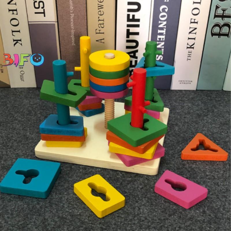 Đồ chơi Montessori luồn cọc thả hình khối 5 trụ đa dạng cho bé luyện kĩ năng tay khéo léo, học hình khối và màu sắc