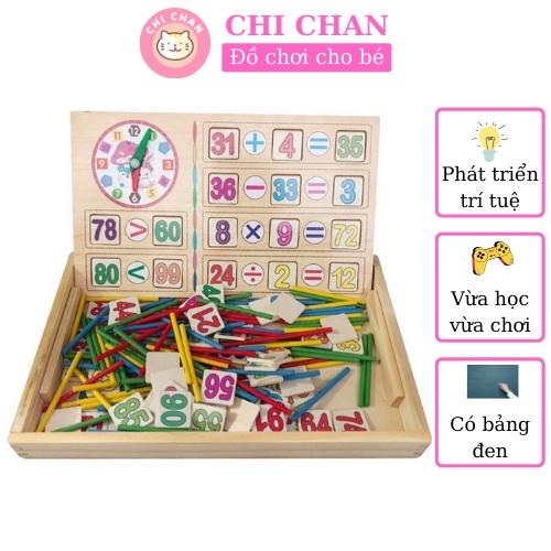 Đồ chơi gỗ kết hợp toán học có đồng hồ, que tính, bảng đen, số, phấn, lau bảng, cho bé từ 4 tuổi, đồ chơi giáo dục