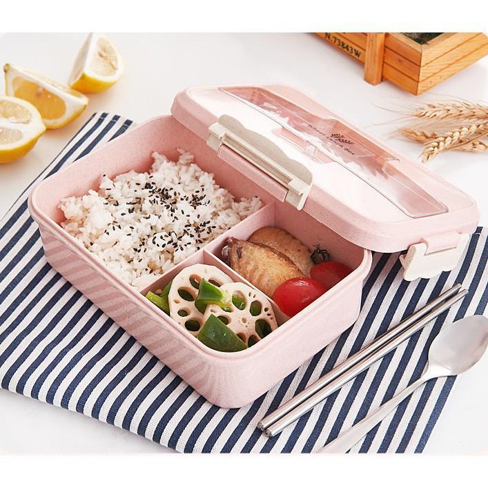 Hộp Đựng Cơm Văn Phòng, Hộp Đựng Cơm 3 ngăn lúa mạch kèm đũa thìa inox - Dùng được trong lò vi sóng -GD268