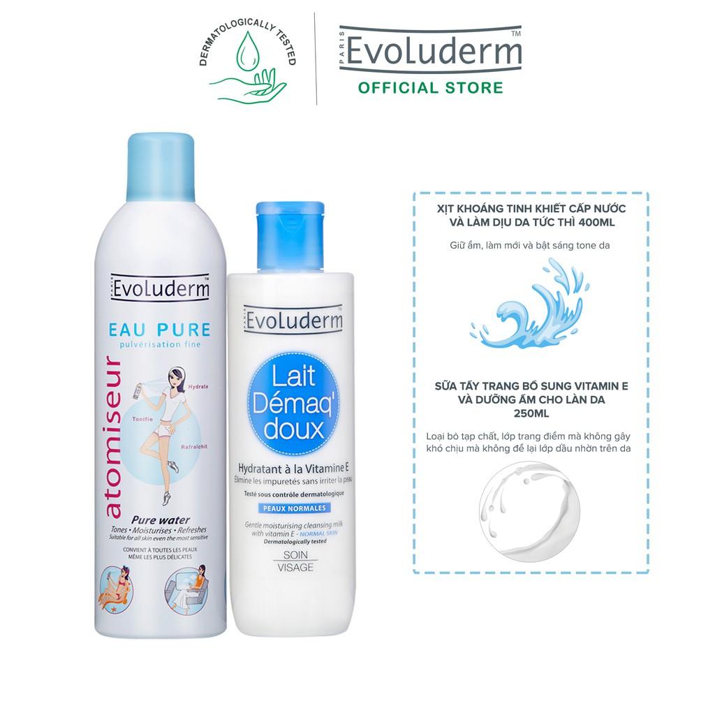 Bộ Xịt khoáng Evoluderm Atomiseur Eau Pure 400ml và Sữa tẩy trang Evoluderm Lait Démaq' Doux Hydratant 250ml