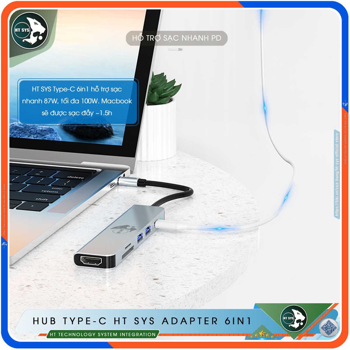 Hub Type C To HDMI HT SYS 6in1 Chuẩn HDTV - Hub Chuyển Đổi USB Type-C 6 Cổng - HDMI 4K, USB 3.0, Sạc Nhanh Type C PD, Khe Đọc Thẻ SD/TF - Kết Nối Tốc Độ Cao - Dành Cho MacBook, Tivi, Laptop, PC, Máy Tính Bảng, Smartphone – Hàng Chính Hãng