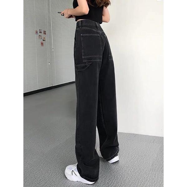 Quần jeans đen xám ống suông dài phong cách retro