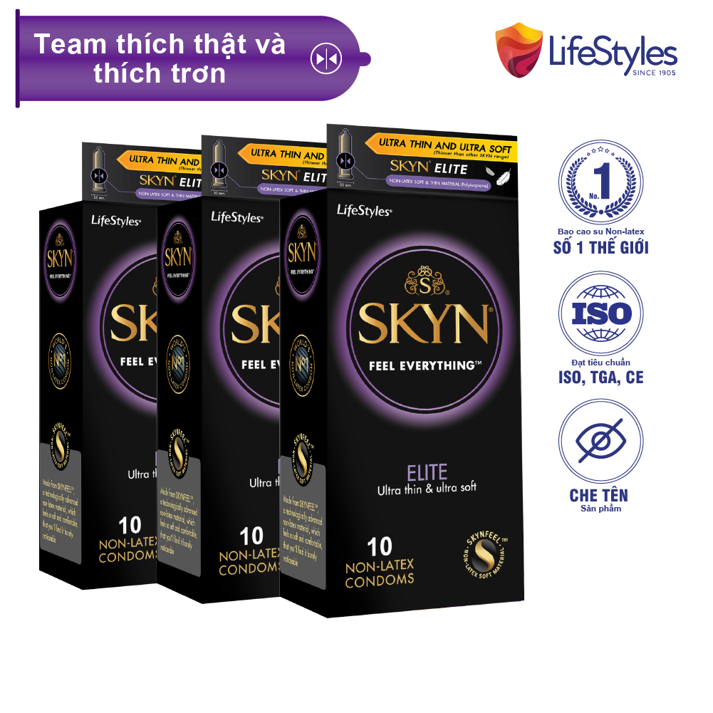 Bộ 3 Bao cao su siêu mỏng, trơn mượt LifeStyles SKYN Elite - Non-latex không mùi cao su - 10 bao