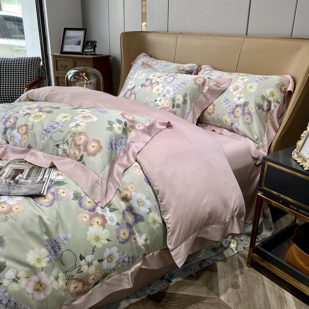 Bộ chăn ga gối Mẫu thiết kế mới 2022 lụa Tencel 100S họa tiết Hoa lá cách điệu ,mềm mịn,sang trọng- LUX42