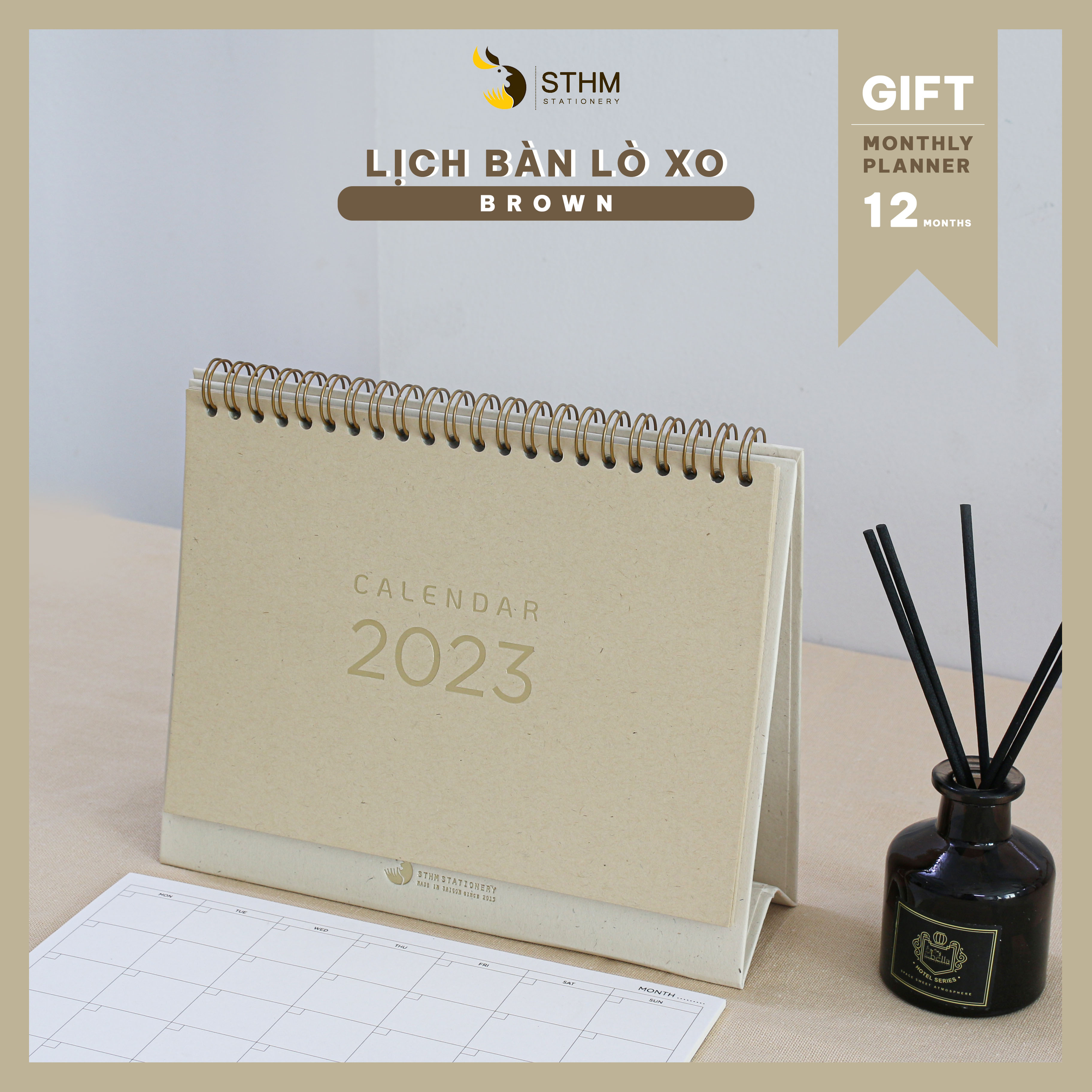 [STHM stationery] - Lịch bàn lò xo 2023 - Brown - Giấy mỹ thuật cao cấp - Có lịch âm dương và checklist