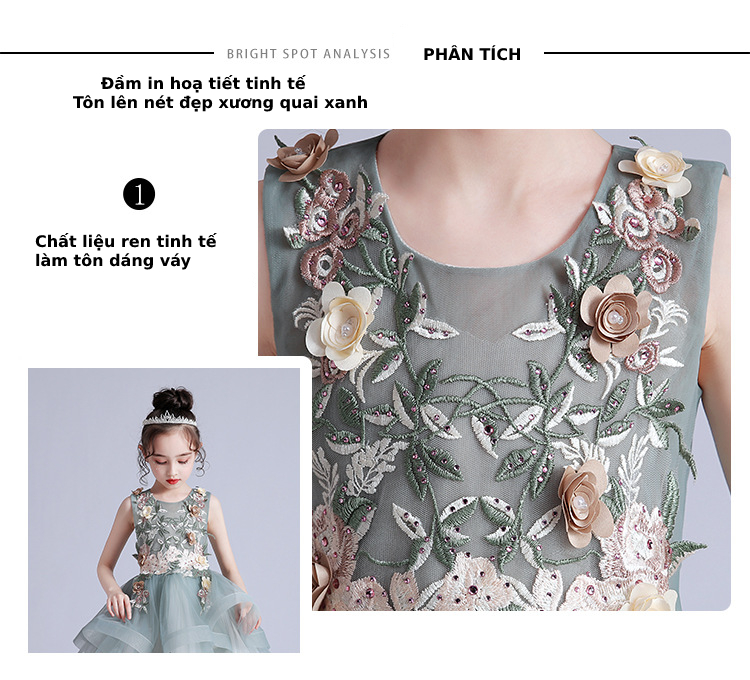 Váy đầm bé gái dễ thương, váy dự tiệc cho bé từ 6-12 tuổi màu xanh lục