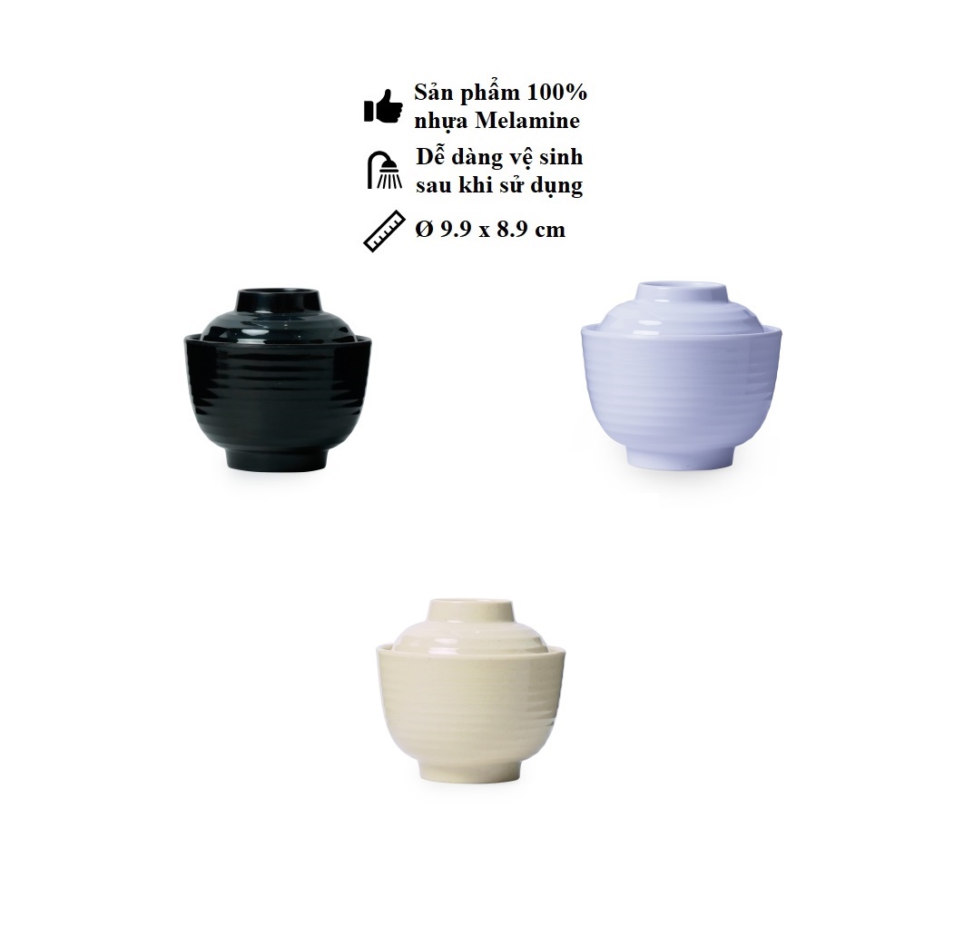 Chén đựng cơm,súp miso nhựa Melamine kiểu Hàn Quốc,Nhật Bản có nắp đậy Size 9.9 x 8.9 cm màu Đen/Trắng/Nâu