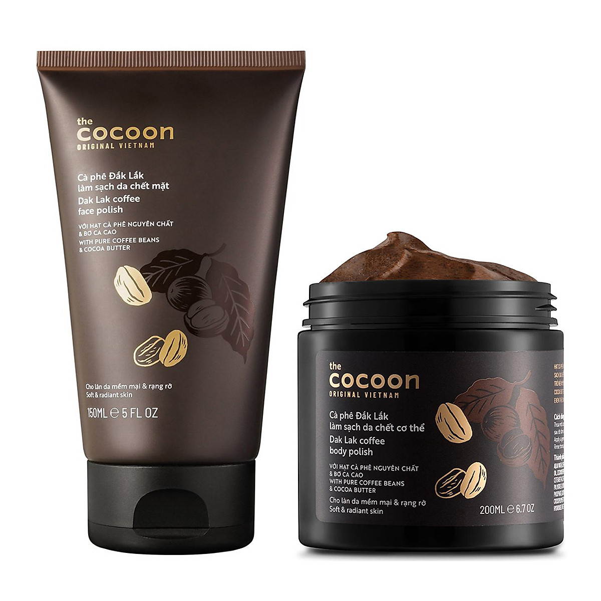 Combo Cà phê đắk lắk Tẩy da chết Body cocoon 200ml + Tẩy da chết Mặt cocoon 150ml