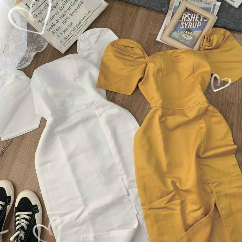 Đầm midi xẻ tà tay phồng xinh xắn ivy.fashion đi biển dự tiệc dạo phố bigsize gợi cảm sexy