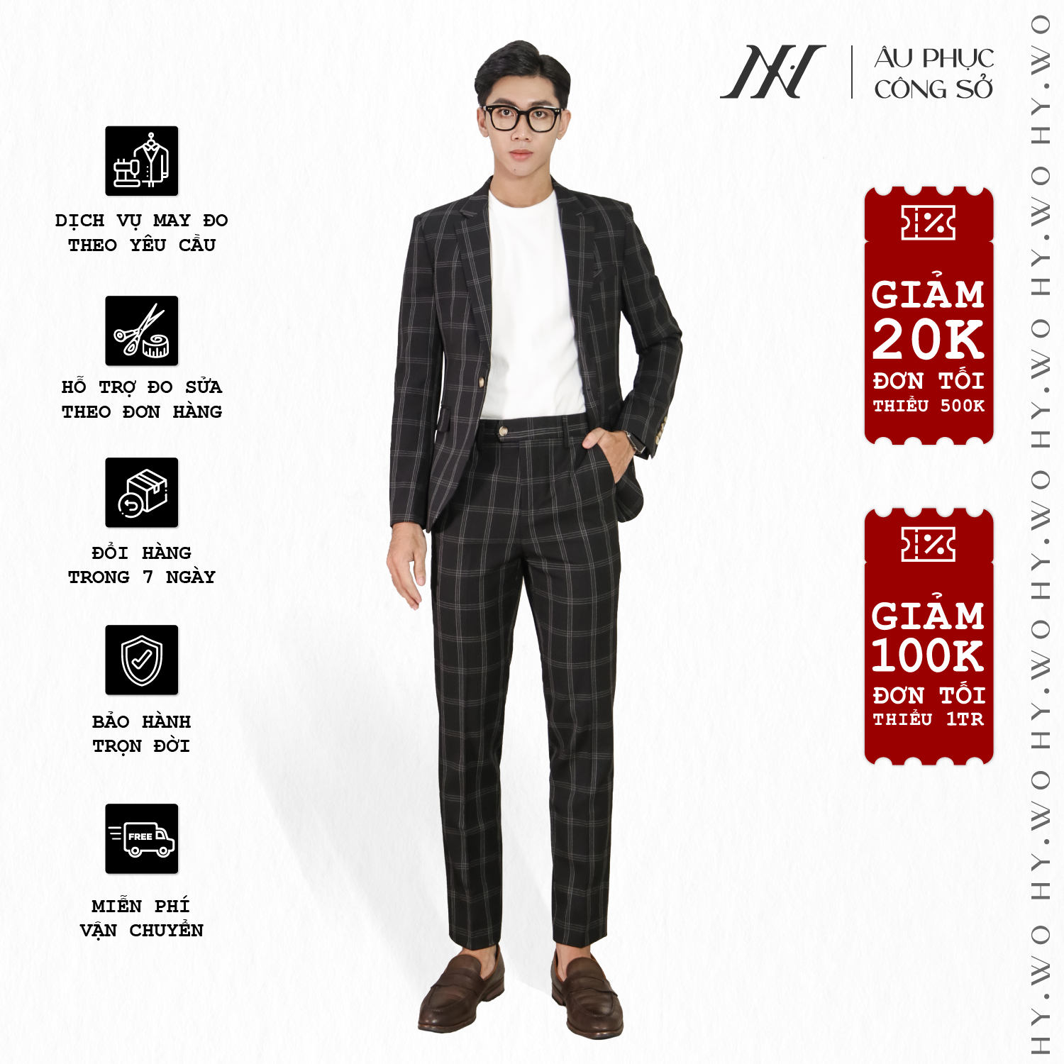 Bộ suit kẻ sọc may đo, thiết kế một hàng khuy xẻ tà giữa, BASIC-CARO-SUIT-2 kiểu dáng Slim Fit phong cách sang trọng - HY.WO