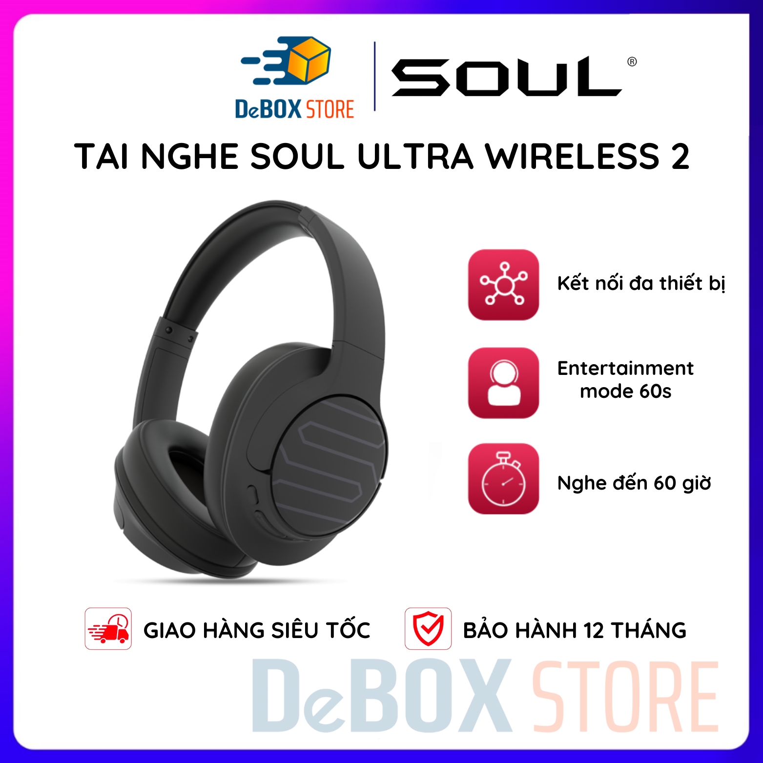 Tai Nghe Bluetooth Headphone Soul Ultra Wireless 2, Bluetooth 5.2, Độ trễ 60ms, Nghe Đến 60 Giờ - Hàng Chính Hãng