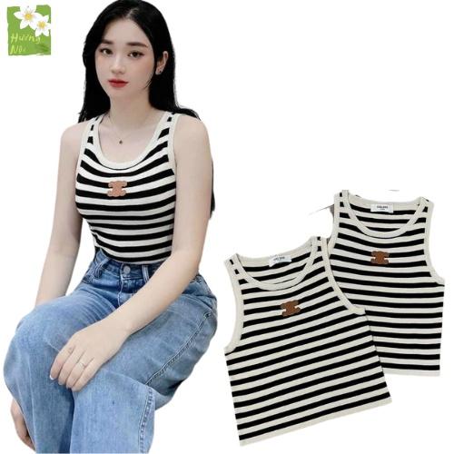 Áo ba lỗ len nữ sát nách sọc ngang trắng đen