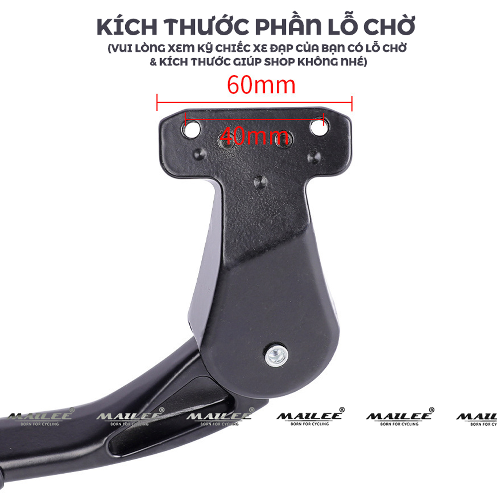Chân chống xe đạp điều chỉnh bằng hợp kim nhôm LGA-28 lắp đặt tại vị trí 2 lỗ chờ hỗ trợ bên hông (như hình) cho xe đạp địa hình MTB/xe đạp gập/xe đạp điện bánh 20-29 inch, chiều dài điều chỉnh 33 - 40 cm - Mai Lee