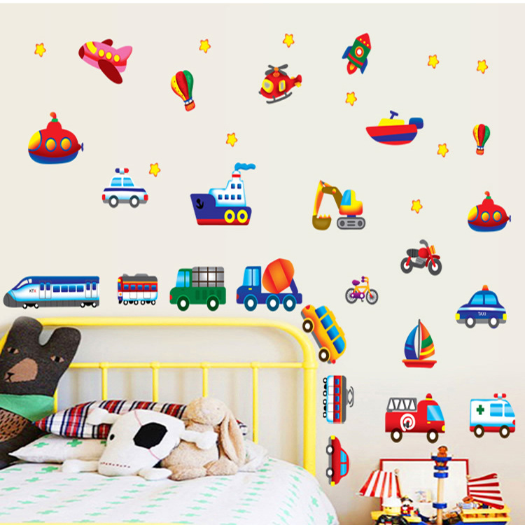 Decal trang trí phòng bé trai các loại xe, tàu, thuyền, khinh khí cầu