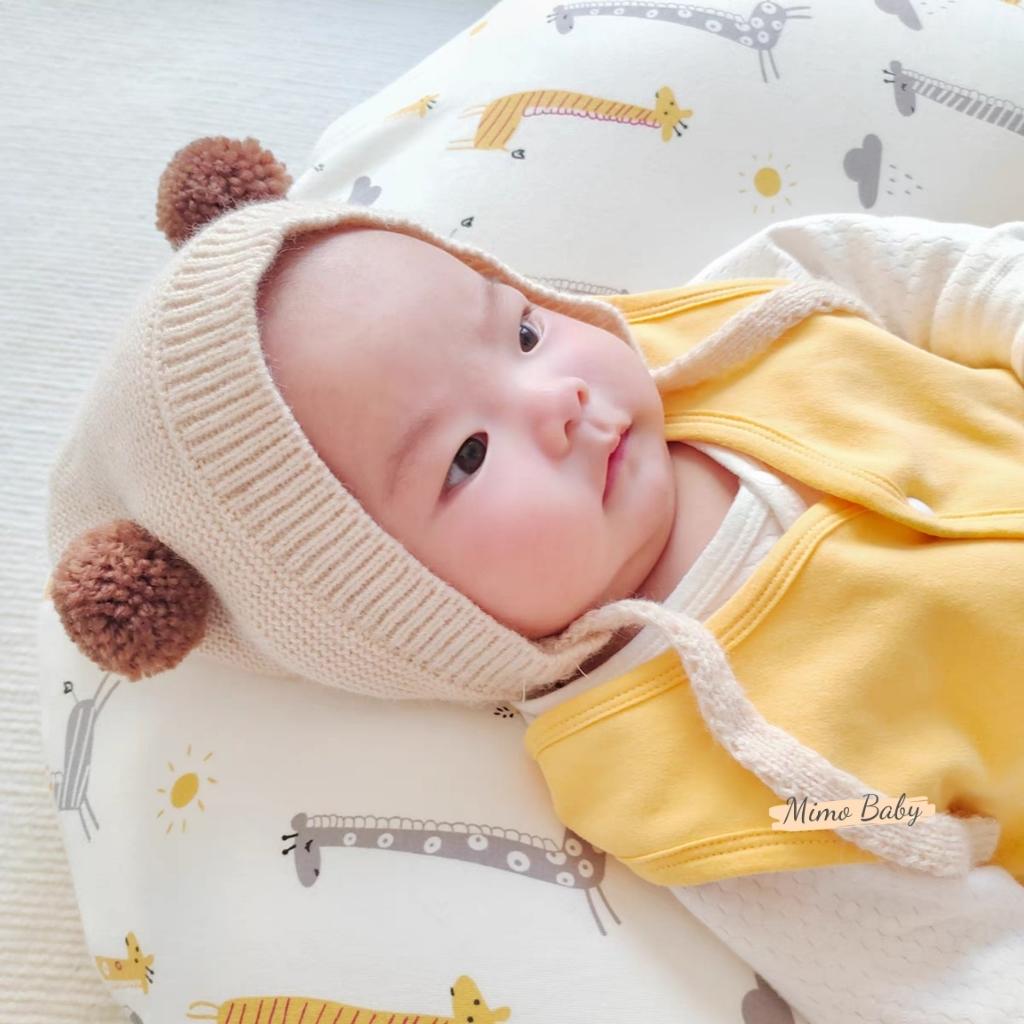 Mũ nón len buộc dây đính quả bông xinh xắn cho bé ML204 Mimo Baby