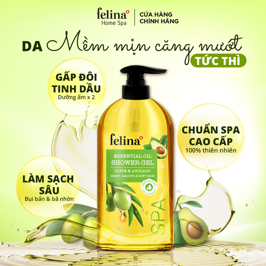 Sữa Tắm Tinh Dầu Dưỡng Ẩm Dạng Gel Felina Home Spa 800ml dưỡng ẩm giúp da mềm mịn, căng mướt gấp 2 lần - Oliu - Argan