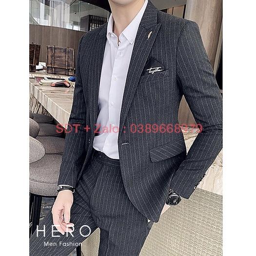 Bộ Vest Nam Hàn Quốc Kẻ Sọc Màu Ghi, Suit Nam 1 Cúc, 6 Cúc Màu ghi, Chất Vải Sịn