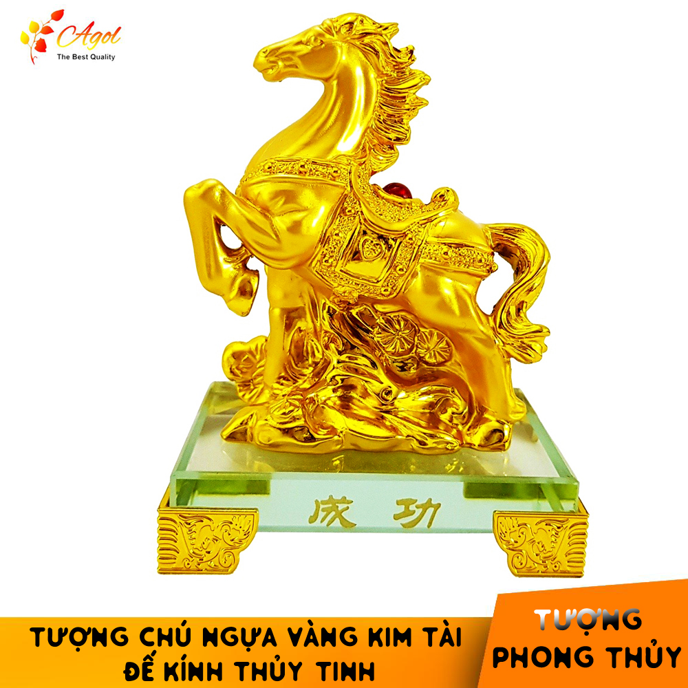 Tượng chú ngựa vàng đế kính thủy tinh cao cấp - Tượng MÃ PHI THIÊN - Hàng Nhập Khẩu