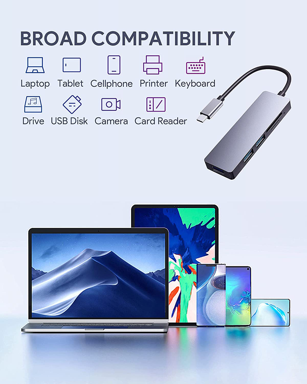 HUB Type c ra 3 cổng USB, SD, TF ( Micro SD) 5 trong 1 kết nối chuột, bàn phím, usb, thẻ nhớ máy ảnh vỏ nhôm cao cấp