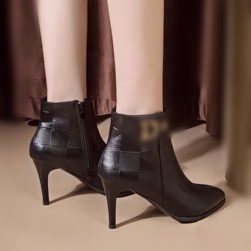 Boots da cổ ngắn gót nhọn, bốt cao gót chữ D thời trang, lót lông